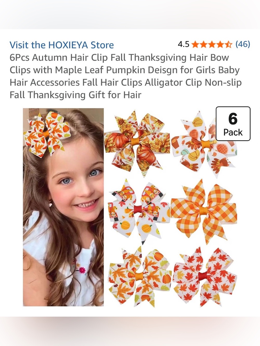 Autumn Pumpkin & Maple Leaf Hair Bows - 6 Pack